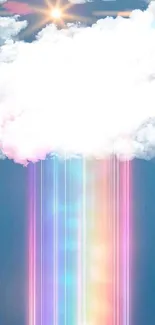 Fluffy clouds with colorful rainbow on a blue background.