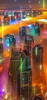 Vibrant city skyline with fog and colorful lights at night.