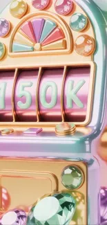 Colorful slot machine with jewels and 150K display.