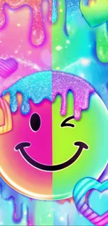 Colorful smiley face with heart designs on vibrant background.