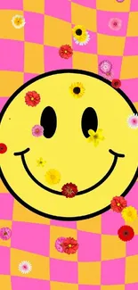 Smiley face with pink and yellow checkered background wallpaper.