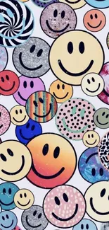 Assorted colorful patterned smiley faces wallpaper.