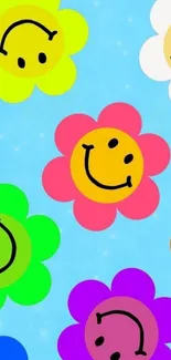 Colorful smiley flowers on sky blue background wallpaper.