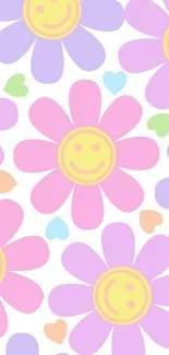 Mobile wallpaper with colorful smiley flowers and pastel hearts.