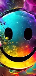 Colorful smiley face in a vibrant galaxy setting.