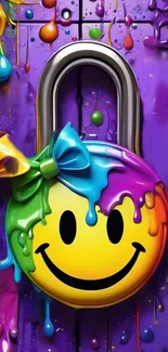 Colorful smiley lock with paint splashes on a purple background.