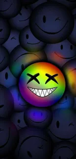 Rainbow smiley face amid dark backgrounds on mobile wallpaper.