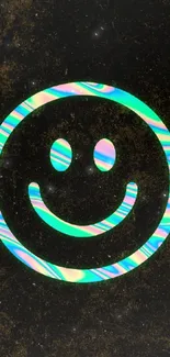 Holographic smiley face on dark wallpaper.