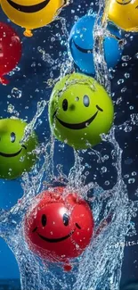 Colorful smiley balloons splashing in water.