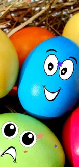 Playful cartoon face eggs nestled in colorful hay background.