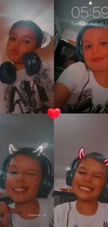 Collage of smiling kids with doodles and headphones.