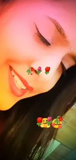 Smiling woman with floral emojis on her face in vibrant colors.