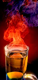 Vibrant wallpaper with colorful smoke rising from a glass on a dark background.