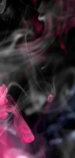 Vibrant colorful smoke art wallpaper in pink and gray hues on a dark background.