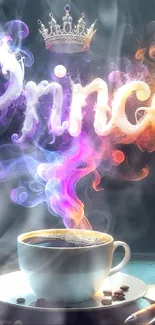 Colorful smoke forming word prince over coffee with crown.