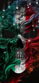 Vibrant smoke skull with Mexican flag colors on a dark background.