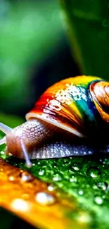 Vibrant snail on a dewy green leaf background.