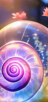 Vibrant purple snail shell in a magical, glowing nature scene.