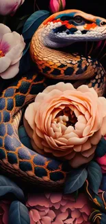 Colorful snake intertwined with pink and white flowers.