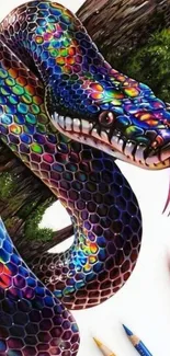 Vibrant colorful snake art with pencils.