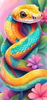 Vibrant multicolored snake with flowers on mobile wallpaper.