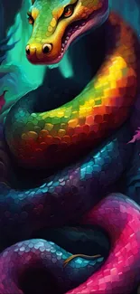 Colorful snake with vibrant rainbow scales in an artistic design.