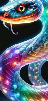 Vibrant, colorful snake design with neon lights on a dark background.