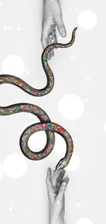 Colorful patterned snake with hands on a minimalistic white background.