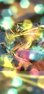 Vibrant snake with colorful bokeh lights in a natural setting.