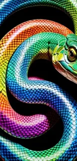 Vibrant rainbow colored snake pattern on black background.