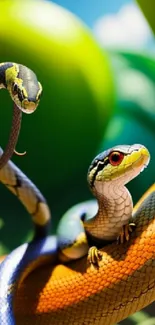 Vibrant wallpaper showing colorful snakes in a lush, green jungle setting.