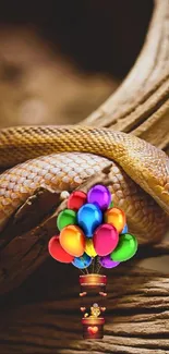 Snake coiled on wood with colorful balloons.