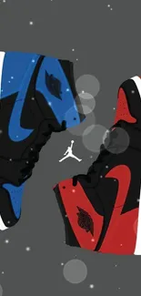 Dynamic sneaker art with red and blue shoes on gray background.