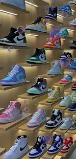 Vibrant sneaker display with colorful footwear on illuminated wooden shelves.