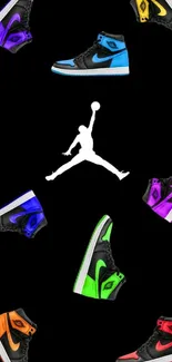 Black background with colorful sneaker designs and Jumpman logo.