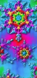 Vibrant snowflake pattern with a colorful kaleidoscope on a blue background.