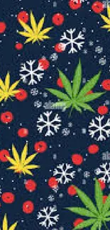 Dark blue wallpaper with leaves, cherries, and snowflakes in vibrant colors.