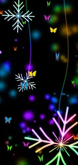 Vibrant neon snowflakes on a black background, creating a festive mobile wallpaper.