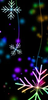 Colorful neon snowflakes on dark background wallpaper.