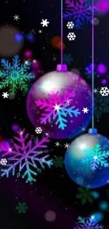 Colorful snowflake ornaments on dark background mobile wallpaper.