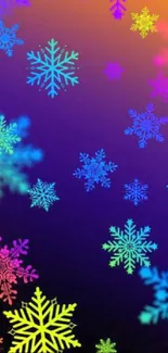 Colorful snowflake mobile wallpaper with vibrant hues and dark background.