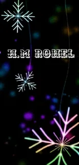 Colorful snowflakes on a dark background with H.M Rohel text.