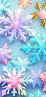 Mobile wallpaper with vibrant pastel snowflakes on a light blue background.