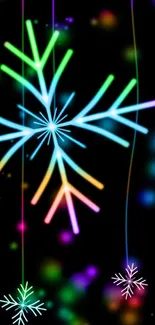 Colorful neon snowflakes on a dark background