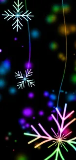 Colorful neon snowflakes on a black background wallpaper.