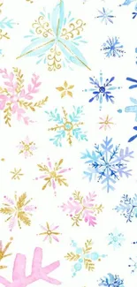 Watercolor snowflakes in blue, pink, and gold on white background wallpaper.