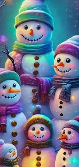 Cheerful snowman family in colorful winter attire, under a starlit sky.