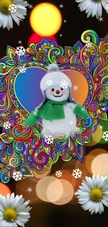 Colorful snowman wallpaper with daisies and snowflakes on an intricate background.