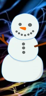 Snowman with vibrant abstract background, perfect for a winter mobile wallpaper.