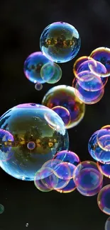 Colorful soap bubbles on a dark background.